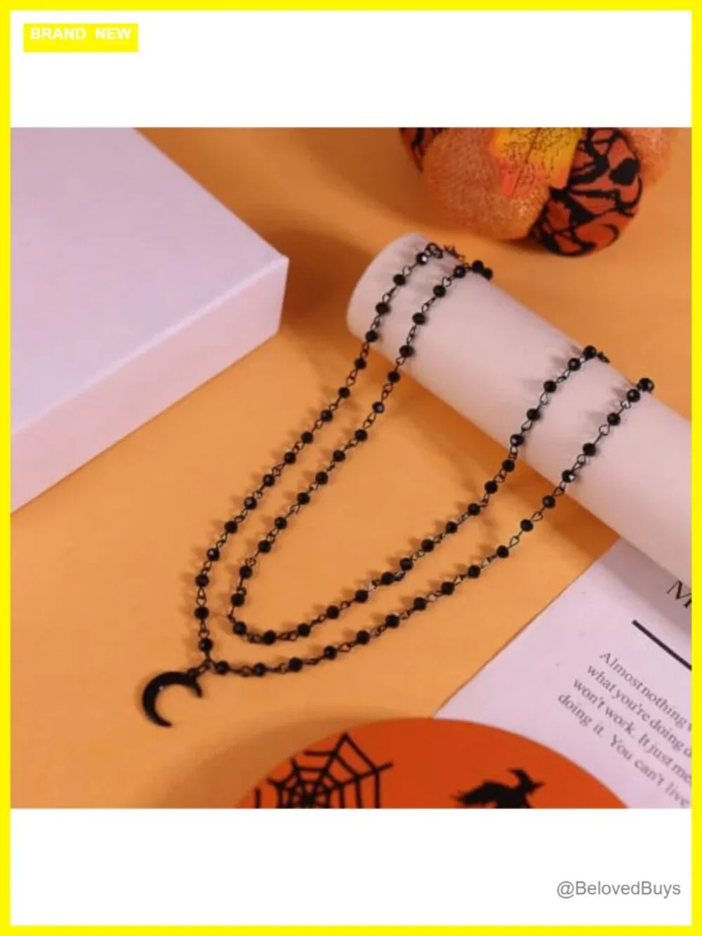 Gothic Crescent Moon Cross Pendant Necklace Beaded Choker